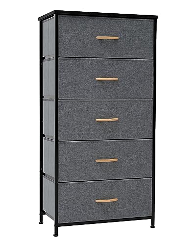 Crestlive Products Vertical Dresser Storage Tower - Sturdy Steel Frame, Wood Top, Easy Pull Fabric Bins, Wood Handles - Organizer Unit for Bedroom, Hallway, Entryway, Closets - 5 Drawers (Gray)