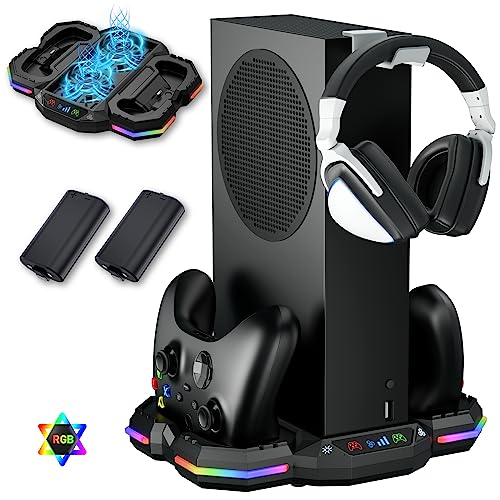 Wiilkac Cooling Fan Stand for Xbox Series S with RGB Light Strip, Upgraded Dual Controllers Charging Dock Accessories with 2 X 1400mAH Rechargeable Battery Pack, Headset Hook & USB Ports - Black