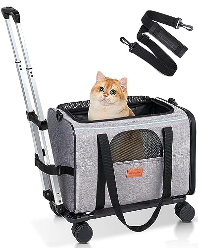 Morpilot Cat Carrier with Wheels Airline Approved, Pet Dog Carrier with Wheels for Small Dogs, Rolling Cat Carrier for Small Cats Puppy Stroller Detachable and Foldable Pet Travel Bag Gray