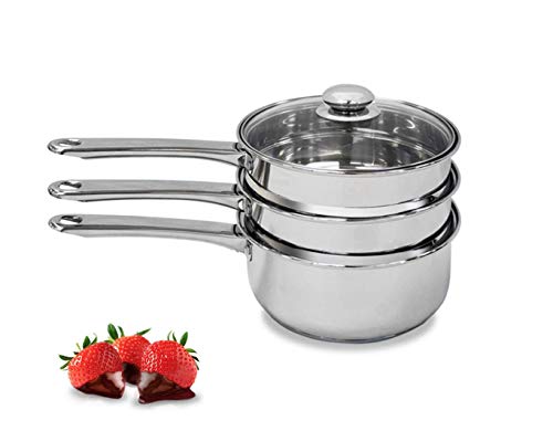 Double Boiler & Steam Pots for Chocolate and Fondue Melting Pot, Candle Making - Stainless Steel Steamer with Tempered Glass Lid for Clear View while Cooking, Dishwasher & Oven Safe - 3 Qts & 4 Pieces
