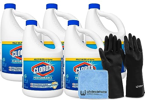 Clorox Bleach Liquid Cleaner for Laundry and Bathroom, HE Performance Bleach, 121 oz. Bottle 3 Pack, Wholesalehome Reusable Cleaning Glove and Cloth Included