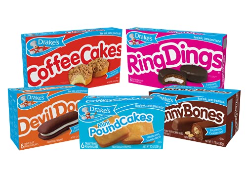 Drake's Variety Pack, 1 Box Each Of Coffee Cakes, Devil Dogs, Pound Cakes, Ring Dings, and Funny Bones, 40 Piece Assortment