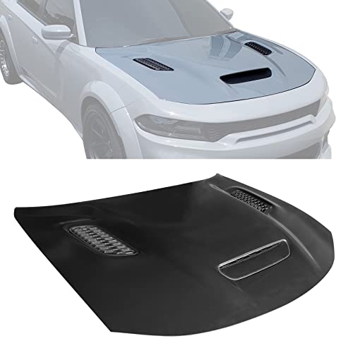 IKON MOTORSPORTS, Hood Compatible With 2015-2023 Dodge Charger, Unpainted Black Aluminum SRT Hellcat Redeye Widebody Style Front Hood Replacement with Three Scoops, 2016 2017 2018 2019 2020 2021