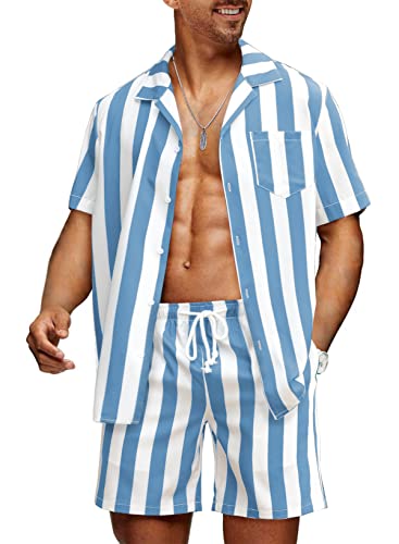 JMIERR Men Short Sets Outfits 2 Piece, Striped Hawaiian Set, Casual Summer Beach Button Down Short Sleeve Hawaiian Shirt and Drawstring Shorts, Cruise Vacation Clothes, Large, A Sky Blue