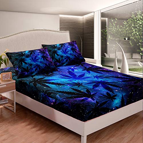 Feelyou Galaxy Space Bed Sheets Marijuana Leaf Sheet Set Botanical Weed Bedding Hemp Fitted Sheet Queen Size Includes 1 Sheets & 2 Pillowcases (No Flat Sheet)