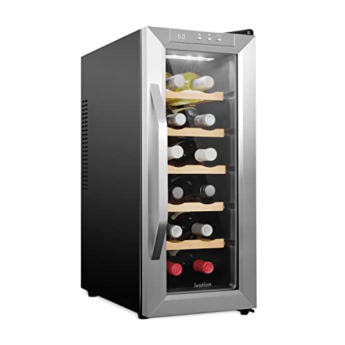 Ivation 12 Bottle Thermoelectric Wine Cooler/Chiller - Stainless Steel - Counter Top Red & White Wine Cellar w/Digital Temperature, Freestanding Refrigerator Smoked Glass Door Quiet Operation Fridge