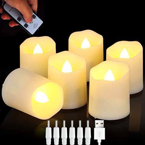 FREEPOWER Rechargeable Realistic Flameless Flickering Tea Light Candles Battery Operated, with Remote Control Cycling 24 Hours Timer, for Romantic Home, Christmas Decoration,Pack of 6.