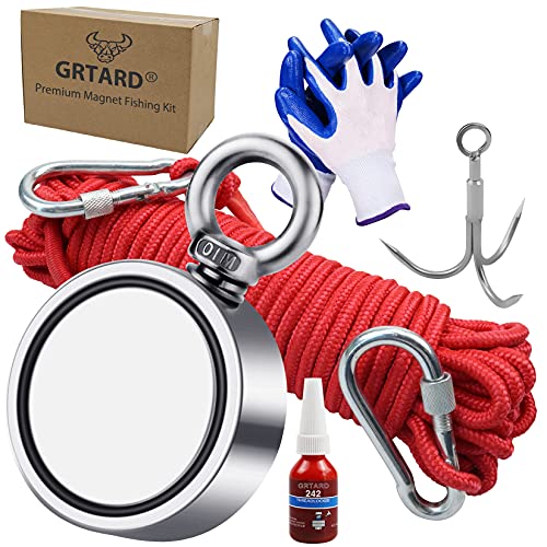 Grtard Fishing Magnet Kit with 1000LBS(453KG) Strong Magnet, Double Sided Neodymium Magnet Fishing Kit with 20m (65 Foot) Durable Rope and Protective Gloves