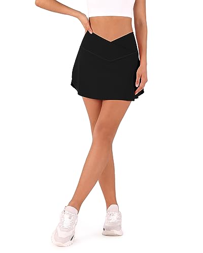 ODODOS Women's Crossover Flared 2-in-1 Tennis Skirts with Pockets, Athletic Golf Skorts for Casual Workout Sports, Black, Large