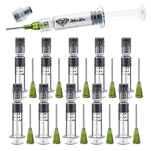 TFE 10 Pack Borosilicate Glass Luer Lock Syringe 1ml Capacity Reusable Glass Syringes - Use for Arts and Crafts, Thick Liquids, Oils, Vet, Glue, Lab, Ink with 14GA Blunt Tip Pet Safe Needles