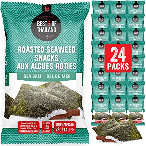 Best of Thailand Roasted Seaweed Snacks | Sea Salt Flavor | Vegan Dried Nori Snack Strips for Appetizer & Meal Topping | Certified Kosher Roast Seaweed Sheets | 24 Packs