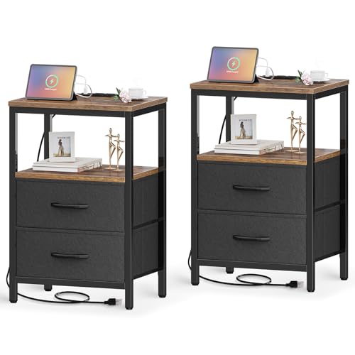 Huuger Nightstands Set of 2, End Tables with Charging Station, Side Tables with Fabric Drawers, Bedside Tables with USB Ports and Outlets, Night Stands for Bedroom, Rustic Brown