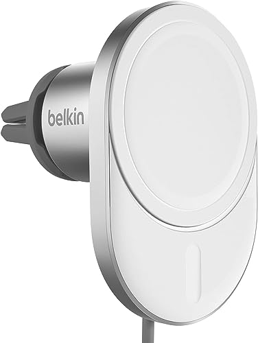 Belkin BoostCharge ProWireless CarChargerwithMagSafeCompatibility, 15W Fast Charging, Extra Strong Magnetic Car Vent Phone Mount for iPhone 14, iPhone 13, & iPhone 12 - White