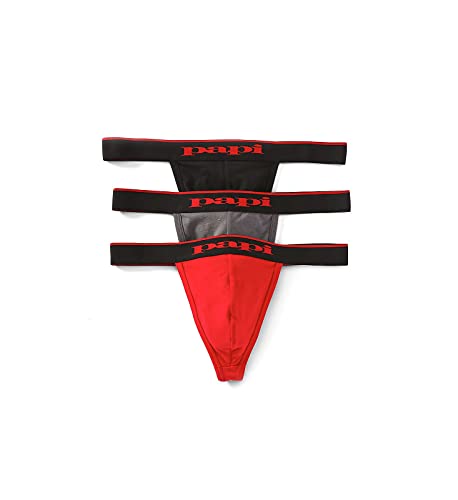 Papi Men's 3-Pack Cotton Stretch Thong, Red/Grey/Black, X-Large