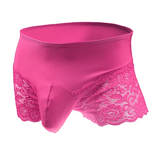 Walang Lip Men's Lace Briefs Sissy Pouch Underwear Breathable Stretch Panties Large Hip Wrap with Translucent Thighs (Rose)
