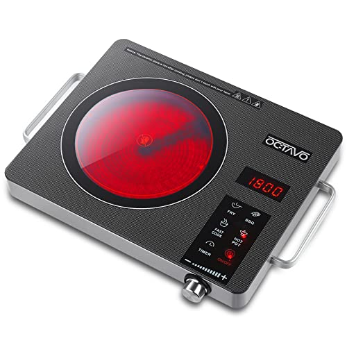 OCTAVO 1800 Watt Portable Infrared Burner, electric burner with 4 Hours Timer, Electric Hot Plate Touch Control Panel Adjustable Heating Power, Glass Cooktop for Cooking