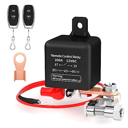 Joinfworld Remote Battery Disconnect Switch 12V 200A Car Kill Switch Anti-Theft Remote Control Switch with Two Wireless Remote Control Relay Fobs for Auto Truck Boat