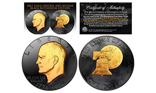 Black Ruthenium 2-Sided 1976 Bicentennial Eisenhower Dollar with 24KT Gold Clad Highlights Obverse & Reverse