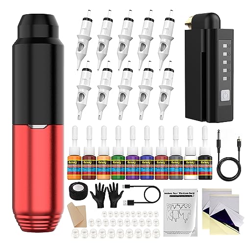 Tattoo Kit Wireless Rotary Tattoo Machine Pen Kit for Beginners Wireless Tattoo Gun Tattoo Battery 10Pcs Cartridge 10 inks Supplies SLP51KIT-2