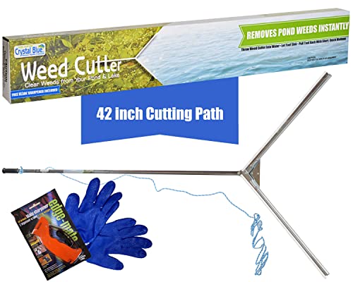 Crystal Blue Pond & Lake Weed Cutter - 42 inch Wide Cutting Path, Includes 20 Foot Rope, Blade Sharpener & Safety Gloves - Remove Common Pond Weeds, Chara, Lilly Pads, Small Leaf & More