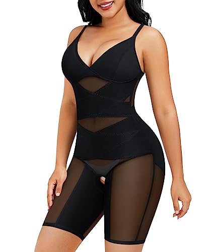 REYEOGO Bodysuit Shapewear for Women Tummy Control Butt Lifter Full Body Shaper Seamless Thigh Slimmer Fajas V-Neck Camisole Jumpsuit (Black, Large)