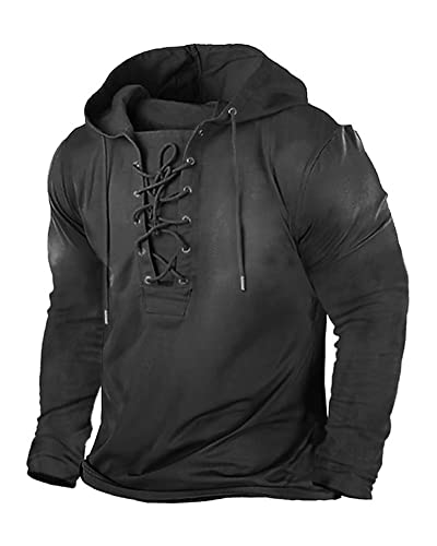 Beotyshow Mens Retro Tactical Long/Short Sleeve Hoodies Outdoor Sports Pullover Distressed Lace Up Hooded Shirts Black