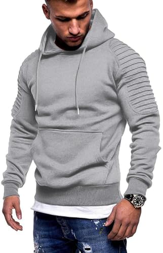 COOFANDY Men's Tactical Hoodie Pleated Sleeve Sweatshirt Athletic Pullover Hooded With Pocket Light Gray