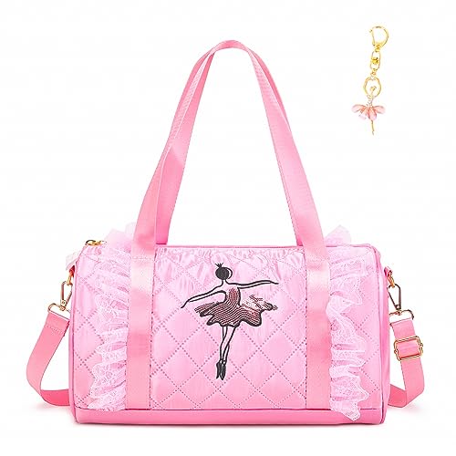 Dorlubel Cute Ballet Dance Bag Gym Travel Duffle Bag for Girls Tutu Dress Bag with Key Chain for Girls (Pink3 of Short Mesh)