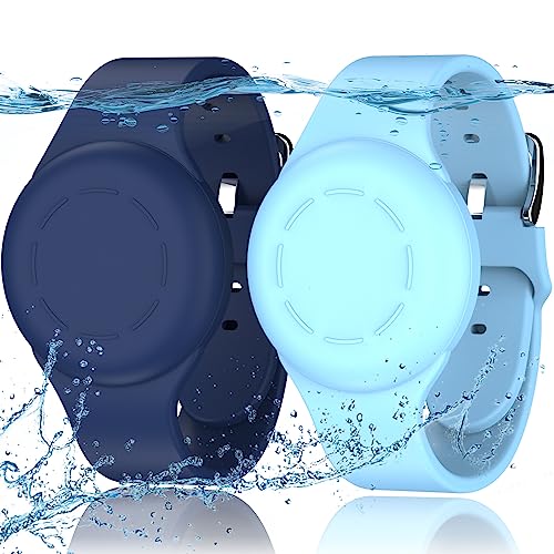 R-fun Waterproof Air Tag Bracelets for Kids [2 Pack] Compatible with Apple Air Tag Tracker with Soft Silicone,Anti Lost GPS Trackers Case Cover for Kids,Night Blue/Glow Blue