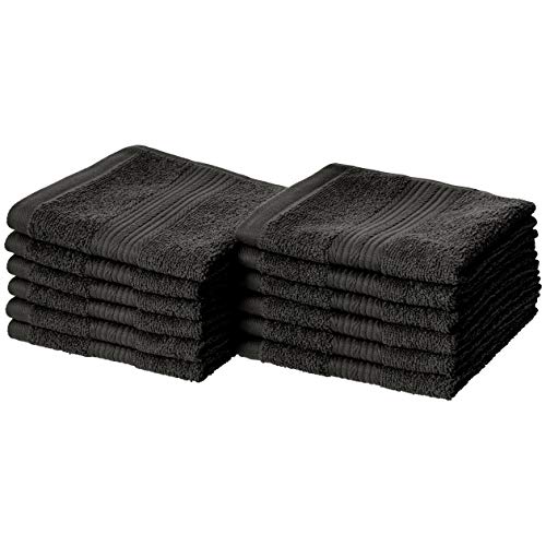 Amazon Basics Fade Resistant Cotton Washcloth, 12-Pack, 12" L x 12" W, Black