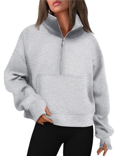 Trendy Queen Womens Half Zip Cropped Pullover Oversized Crewneck Sweatshirts Quarter Zipper Hoodies Winter Clothes Sweaters Fall Outfits Grey