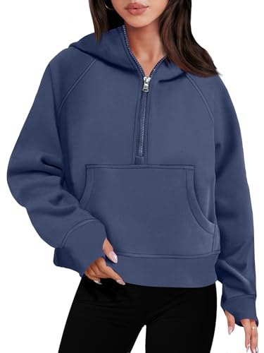 ANRABESS Women Half Zip Cropped Hoodies Oversized Fleece Quarter Zip Up Pullover Sweatshirts Trendy Clothes 2023 Fall Fashion Outfits Sweater Top 930zanglan-S Navy Blue