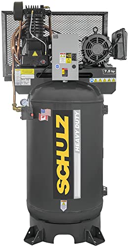 Schulz 7580VL30X-1 L-Series Piston Compressor, 30 CFM, 7.5 Horsepower, Up to 175 PSI, 230V, 2 Stages, 80 Gallon Tank, Cast Iron Construction, Auto start/stop Pressure Switch Operation