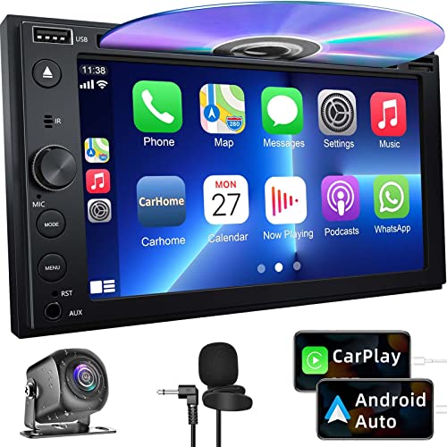 Double Din Car Stereo with CD/DVD Player, 7-inch Touch Screen Car Stereo with Apple CarPlay&Android Auto, Bluetooth5.2, Backup Camera, Mirror Link, Subwoofer, SWC, Subwoofer, AM/FM Car Radio Receiver