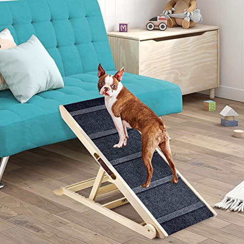Suteck Wooden Adjustable Dog Ramp, 200Lbs Load Folding Pet Ramp with Portable Handle for All Small Large Animals 6 Height from 13.8 to 25.6 for Bed Couch Car -Durable Frame, High Traction