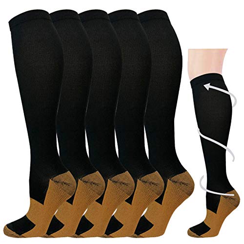 Hi Clasmix 5 Pairs Copper Compression Socks for Men & Women 20-30 mmHg Graduated Compression Stockings for Sports Running Flight Travel Pregnancy(Black, L/XL)