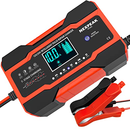 NEXPEAK 10-Amp Smart Fully Automatic Battery Charger, 12V and 24V, Maintainer Trickle Charger w/Temperature Compensation for Car Truck Motorcycle Lawn Mower Boat Marine Lead Acid Batteries