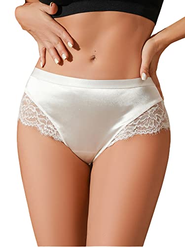 Milumia Women Sexy Lace Satin Silk Panties Underwear Mid Waist Breathable Bikini Briefs White Small