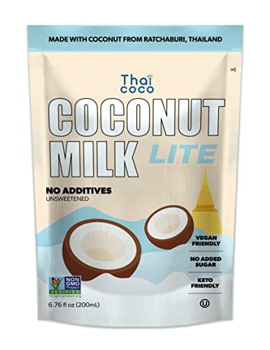 Thai Coco Light Coconut Milk Pouches - Lite Coconut Milk Unsweetened - No Guar Gum - For Smoothies and Coffee - Non GMO - 6 Pouches of 6.76 fl. oz.