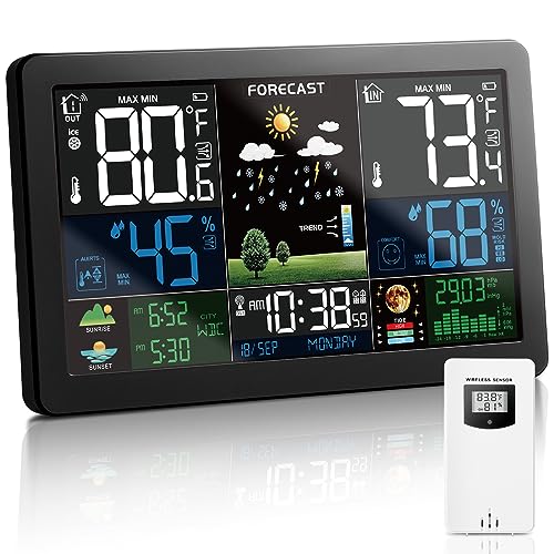 KALEVOL Weather Station Wireless Indoor Outdoor Thermometer with Color Display Atomic Clock, Weather Thermometer Forecast Station with Sunrise Sunset Time and Tide Level