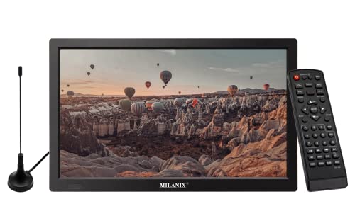 MILANIX 13.3" Portable Widescreen LED TV Rechargeable Battery Operated with HDMI, VGA, MMC, FM, USB/SD Card Slot, Built in Digital Tuner, AV Inputs, and Remote Control