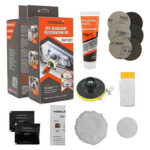 Visbella DIY Vehicle Headlight Restoration Kit, Heavy Duty Drill Based, Ultimate Headlight Restore Cleaner with UV Protection - Clear Coat