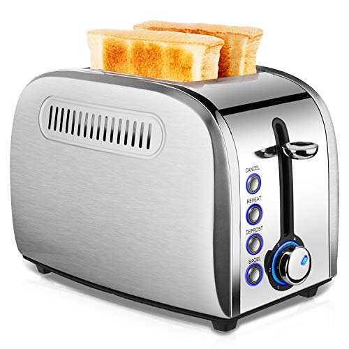 Toaster 2 Slice Best Rated - Stainless Steel Toaster Easy To Use with Removable Crumb Tray Two Slice Toaster with 2 Slice Extra Wide Slots for Bagels, Cancel/Defrost/ 6 Bread Shade Settings/Reheat