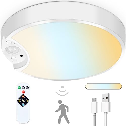 CLAKAP Motion Sensor Ceiling Light, Rechargeable Motion Senor Light with 10 Adjustable Brightness and 3 Color Temperatures, Battery Operated LED Ceiling Light Ideal for Hallway, Porch and Stair
