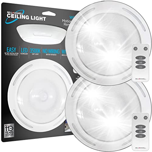 Bell+Howell 300 Lumen Wireless Ceiling Light with Remote, Motion Sensor Lights Indoor, 360 Indoor Motion Light, Battery Powered Ceiling Light Without Wiring, Easy to Install Wireless Lights  2 Pack