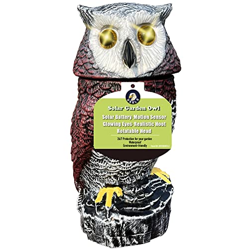 Ugold Solar Powered Garden Owl with Detection, Flashing Eyes, Rotating Head, Realistic Hoots and Silent Mode, Garden Sculpture, Plastic Owl Decoration for Home, Garden, Patio and Lawn