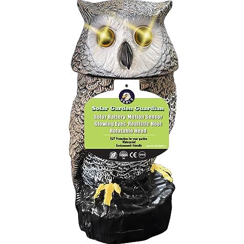 Ugold Solar Powered Garden Owl with Detection, Flashing Eyes, Rotating Head, Realistic Hoots and Silent Mode, Garden Sculpture, Plastic Owl Decoration for Home, Garden, Patio and Lawn