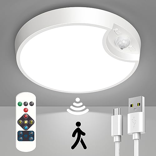 Rechargeable Motion Sensor Ceiling Light with Remote, 7.4in Wireless Ceiling Light Battery Operated Closet Lights Motion Sensored Battery Powered Light for Closet Pantry Shower Shed Garage Stairs ect