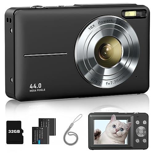 Digital Camera, FHD 1080P Kids Camera with 32GB Card, 2 Batteries, Lanyard, 16X Zoom Anti Shake, 44MP Compact Portable Small Point and Shoot Cameras Gift for Kid Student Children Teens Girl Boy(Black)