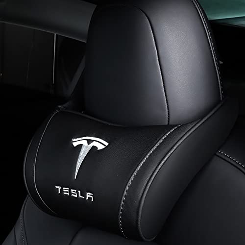 Axdt Compatible with Tesla Neck Pillow Premium Memory Foam Hanging Logo Seat Pillow Car Leather Headrest for Tesla Accessories (tsl-car Black headrest